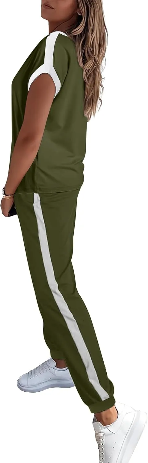 Marvmys Women Short Sleeve Tracksuit Set 2 Piece Sweat Set Outfits Color Block Jogging Suits with Pockets