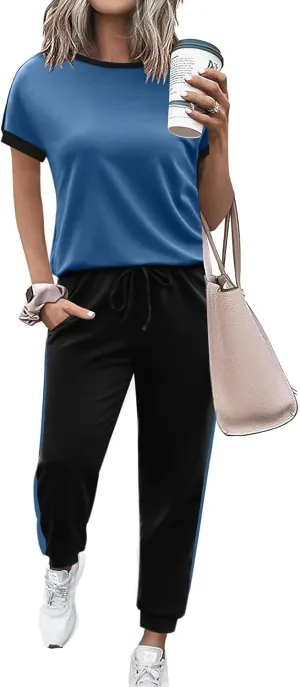 Marvmys Women Short Sleeve Tracksuit Set 2 Piece Sweat Set Outfits Color Block Jogging Suits with Pockets