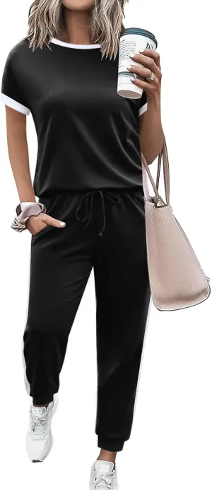 Marvmys Women Short Sleeve Tracksuit Set 2 Piece Sweat Set Outfits Color Block Jogging Suits with Pockets