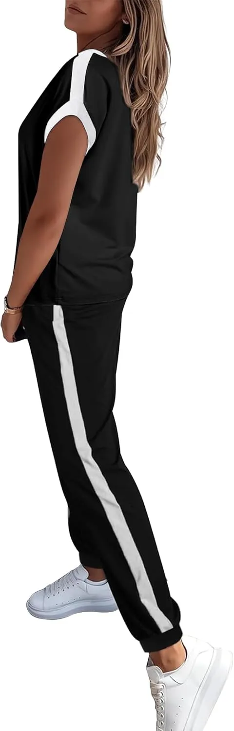 Marvmys Women Short Sleeve Tracksuit Set 2 Piece Sweat Set Outfits Color Block Jogging Suits with Pockets