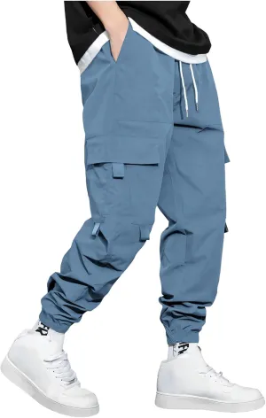 Men's Casual Work Pants with Drawstring Multi-Pocket Casual Straight Fit Pants