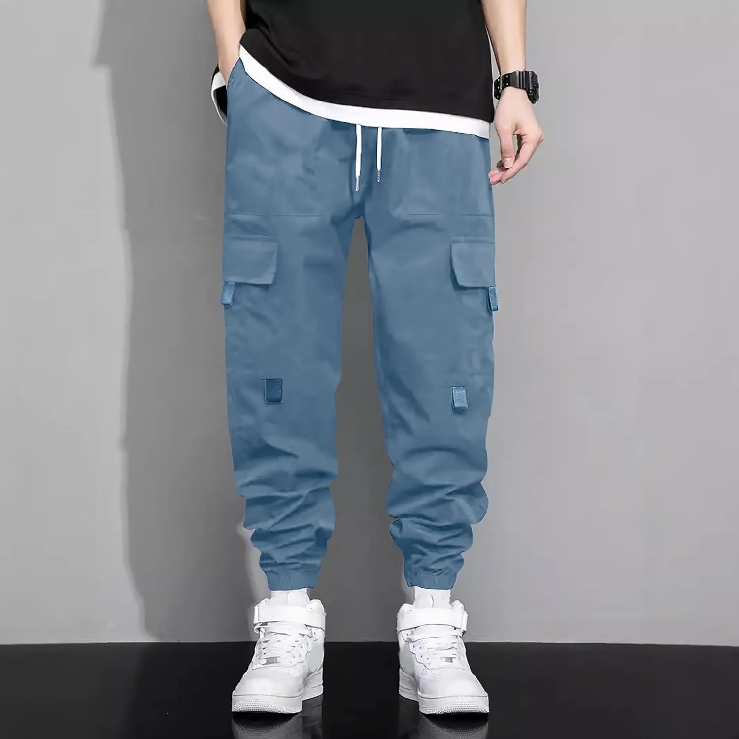 Men's Casual Work Pants with Drawstring Multi-Pocket Casual Straight Fit Pants
