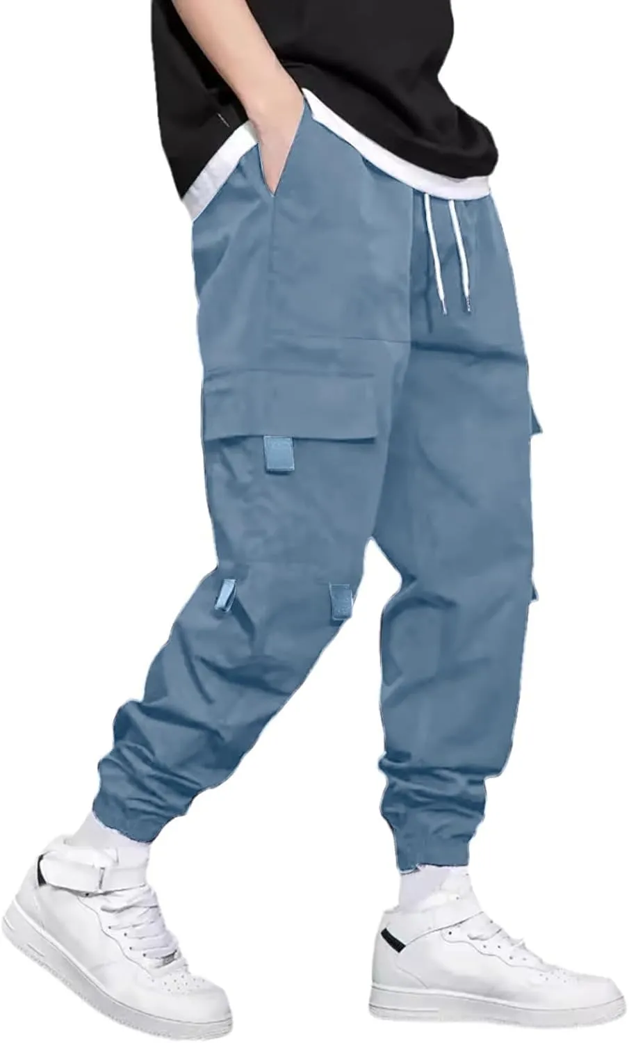 Men's Casual Work Pants with Drawstring Multi-Pocket Casual Straight Fit Pants