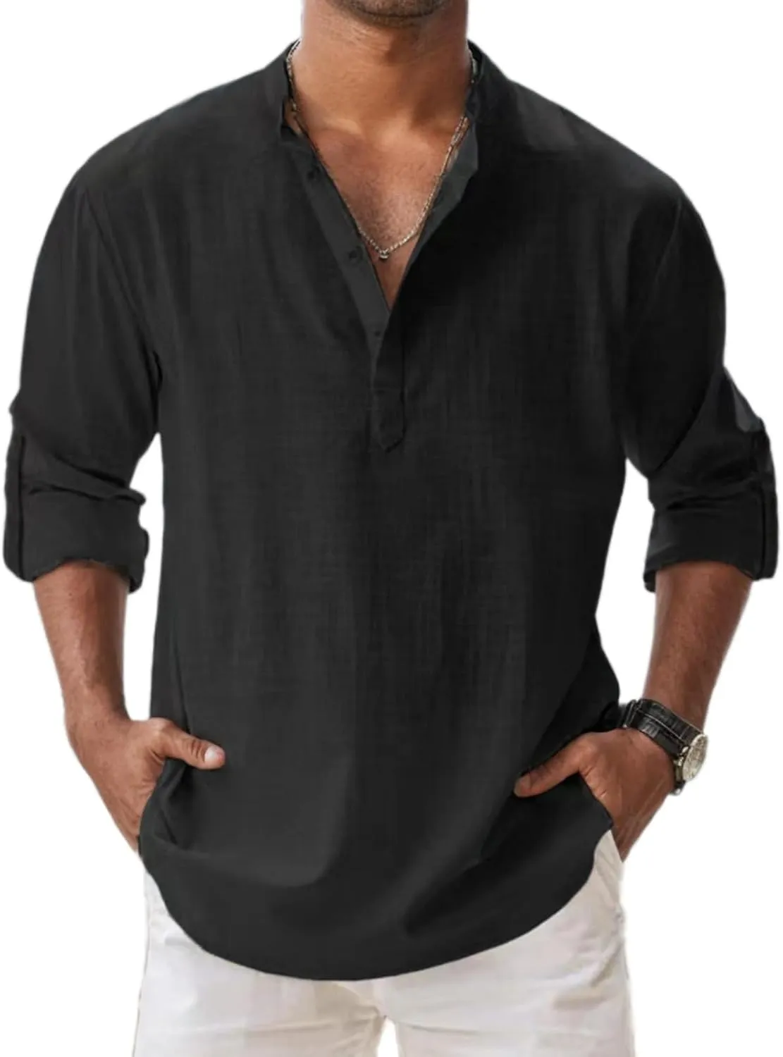 Men's Cotton and Linen Henry Shirt Casual Band Collar Loose Long Sleeves Button Henley Pullover