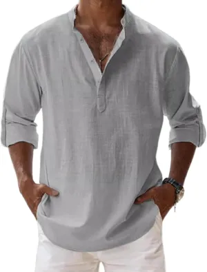 Men's Cotton and Linen Henry Shirt Casual Band Collar Loose Long Sleeves Button Henley Pullover