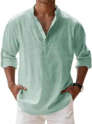 Men's Cotton and Linen Henry Shirt Casual Band Collar Loose Long Sleeves Button Henley Pullover