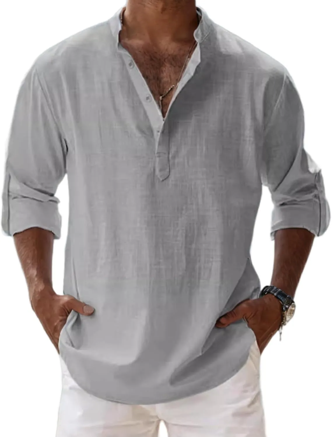 Men's Cotton and Linen Henry Shirt Casual Band Collar Loose Long Sleeves Button Henley Pullover