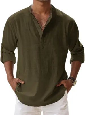 Men's Cotton and Linen Henry Shirt Casual Band Collar Loose Long Sleeves Button Henley Pullover