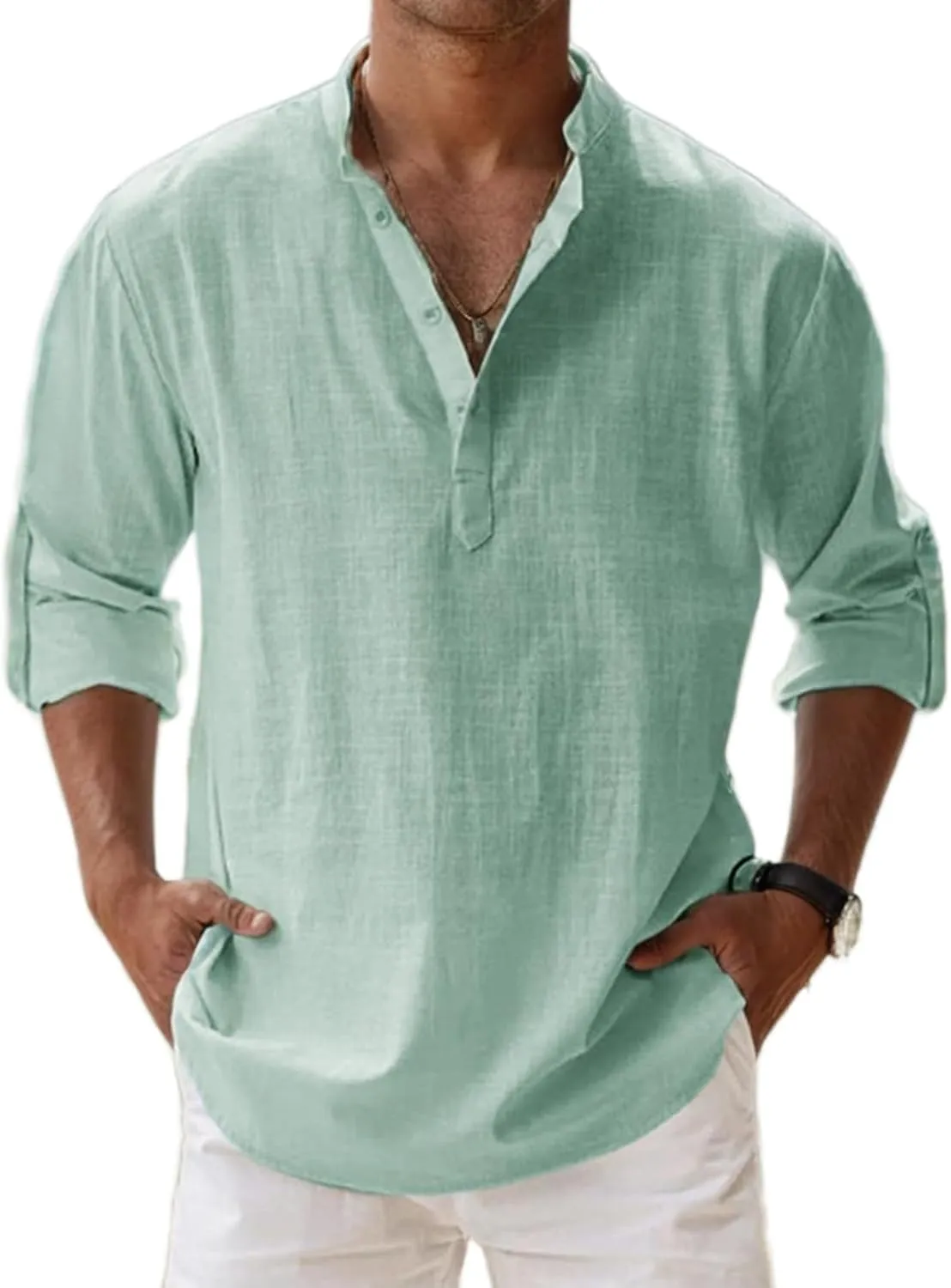 Men's Cotton and Linen Henry Shirt Casual Band Collar Loose Long Sleeves Button Henley Pullover
