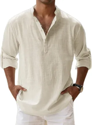 Men's Cotton and Linen Henry Shirt Casual Band Collar Loose Long Sleeves Button Henley Pullover