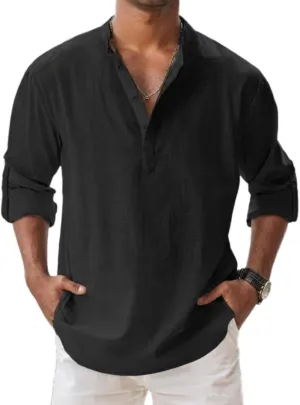 Men's Cotton and Linen Henry Shirt Casual Band Collar Loose Long Sleeves Button Henley Pullover