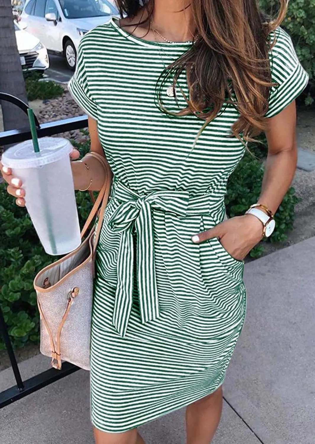 MEROKEETY Women's Summer Striped Short Sleeve T Shirt Dress Casual Tie Waist with Pockets