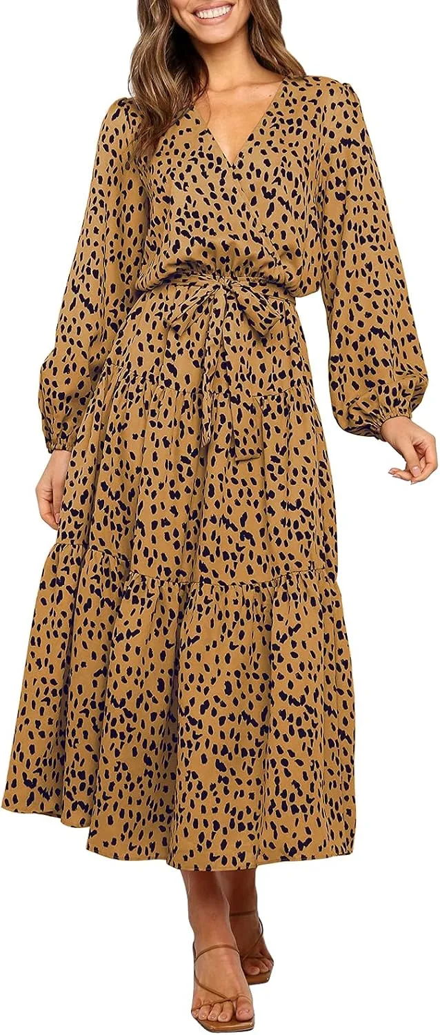 MITILLY Women's Boho Leopard Print Ruffle Long Sleeve V Neck Casual Flowy Party Maxi Dress