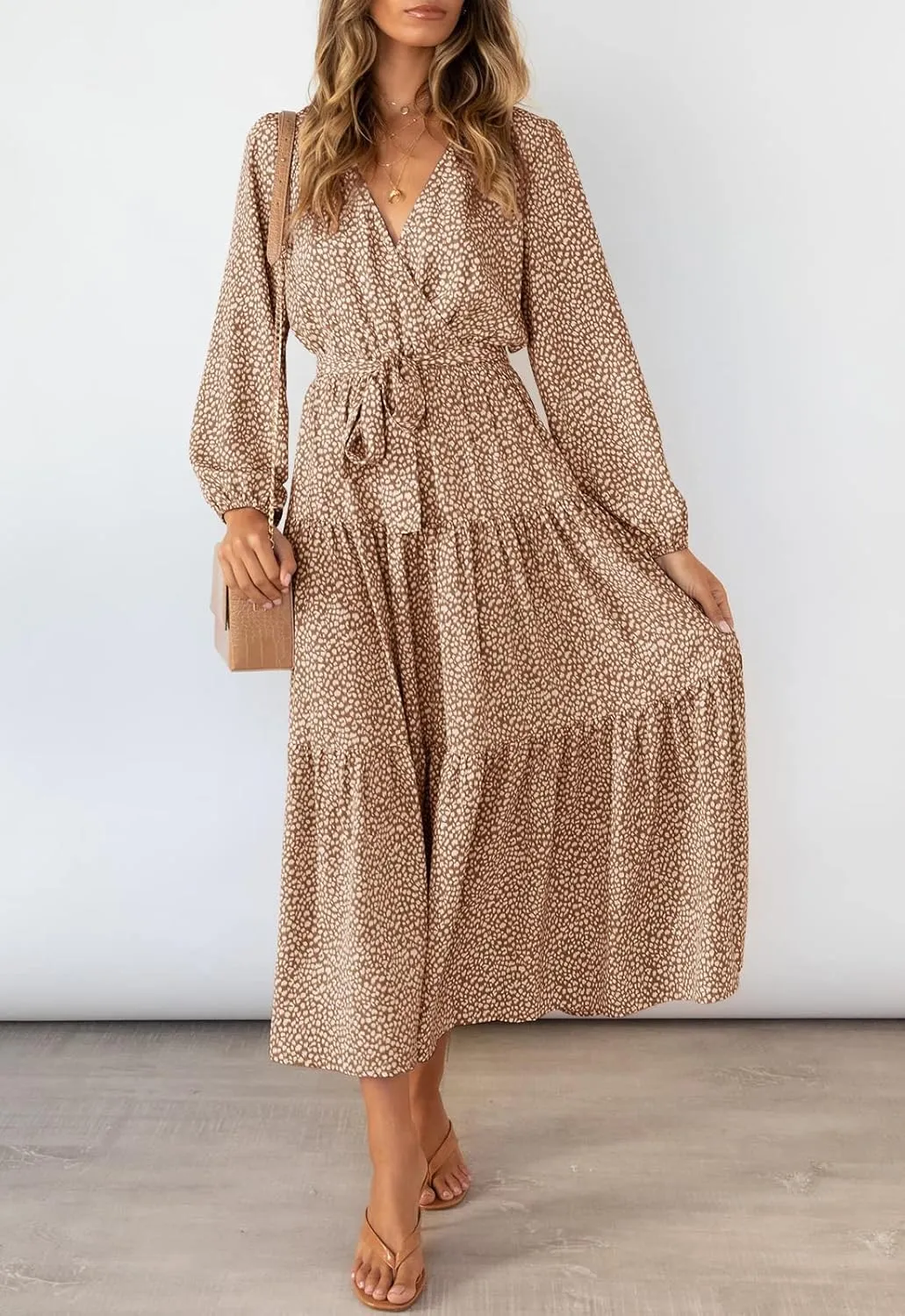 MITILLY Women's Boho Leopard Print Ruffle Long Sleeve V Neck Casual Flowy Party Maxi Dress
