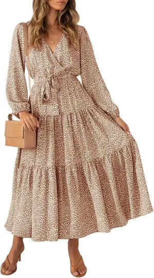 MITILLY Women's Boho Leopard Print Ruffle Long Sleeve V Neck Casual Flowy Party Maxi Dress