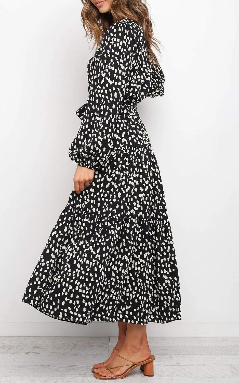MITILLY Women's Boho Leopard Print Ruffle Long Sleeve V Neck Casual Flowy Party Maxi Dress