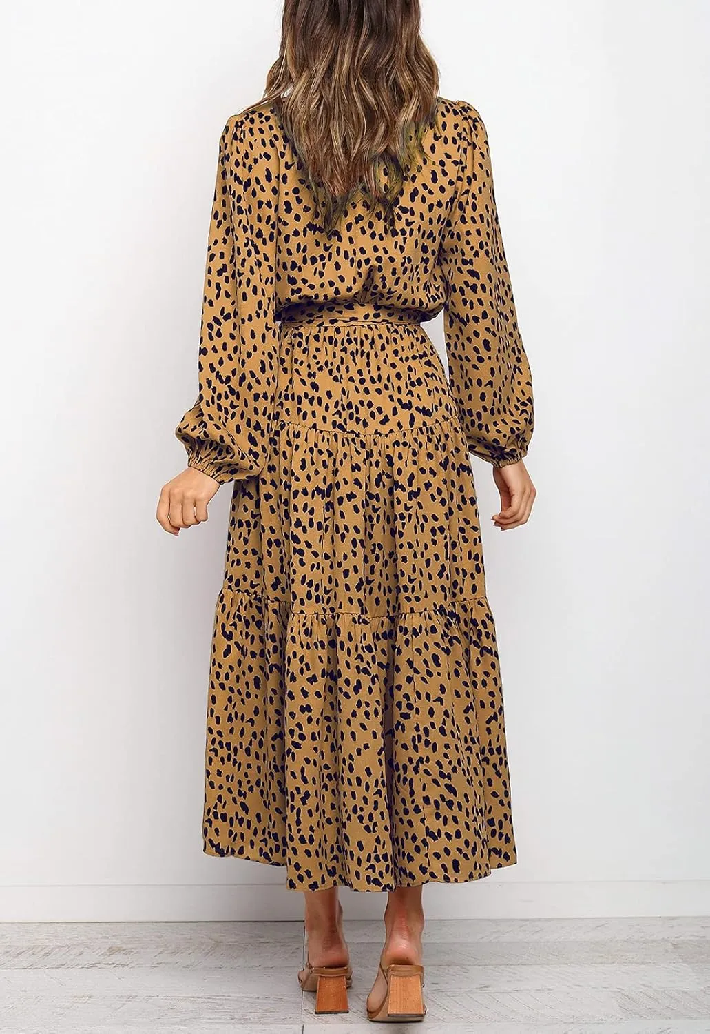 MITILLY Women's Boho Leopard Print Ruffle Long Sleeve V Neck Casual Flowy Party Maxi Dress