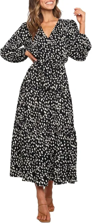 MITILLY Women's Boho Leopard Print Ruffle Long Sleeve V Neck Casual Flowy Party Maxi Dress