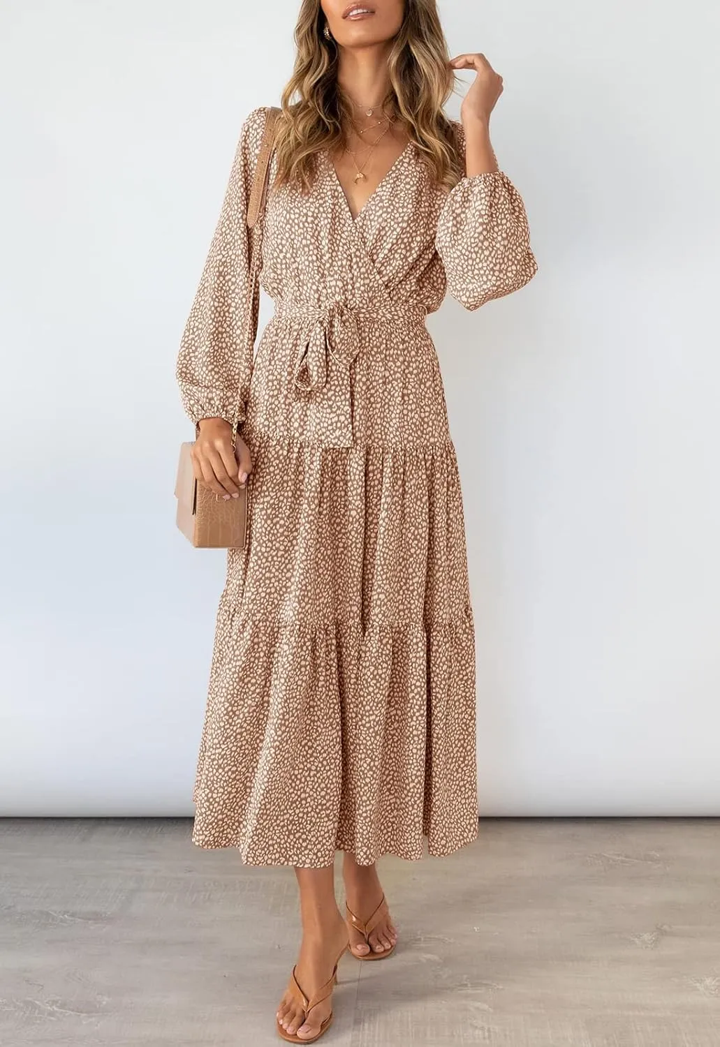 MITILLY Women's Boho Leopard Print Ruffle Long Sleeve V Neck Casual Flowy Party Maxi Dress