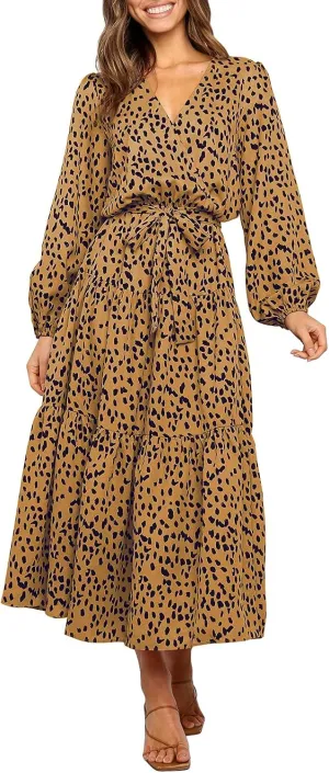 MITILLY Women's Boho Leopard Print Ruffle Long Sleeve V Neck Casual Flowy Party Maxi Dress