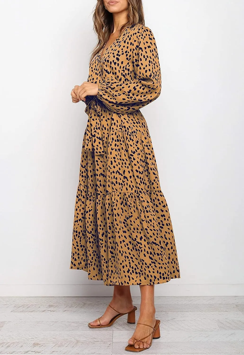 MITILLY Women's Boho Leopard Print Ruffle Long Sleeve V Neck Casual Flowy Party Maxi Dress