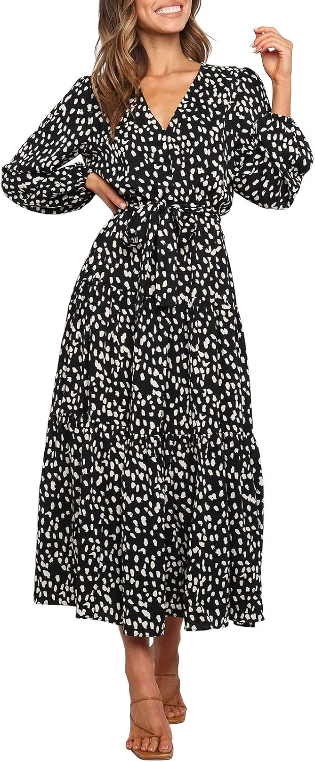 MITILLY Women's Boho Leopard Print Ruffle Long Sleeve V Neck Casual Flowy Party Maxi Dress