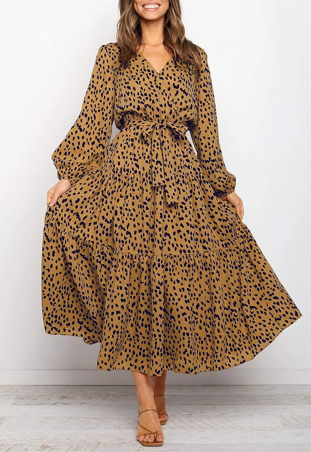 MITILLY Women's Boho Leopard Print Ruffle Long Sleeve V Neck Casual Flowy Party Maxi Dress