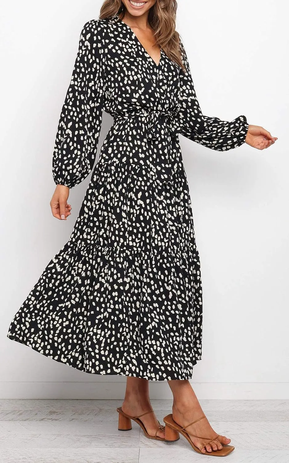 MITILLY Women's Boho Leopard Print Ruffle Long Sleeve V Neck Casual Flowy Party Maxi Dress