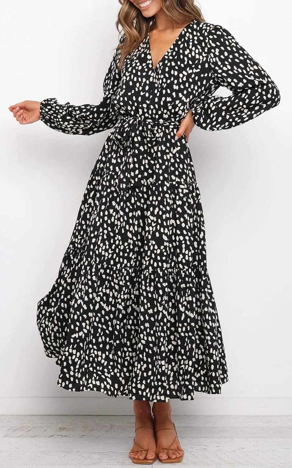 MITILLY Women's Boho Leopard Print Ruffle Long Sleeve V Neck Casual Flowy Party Maxi Dress
