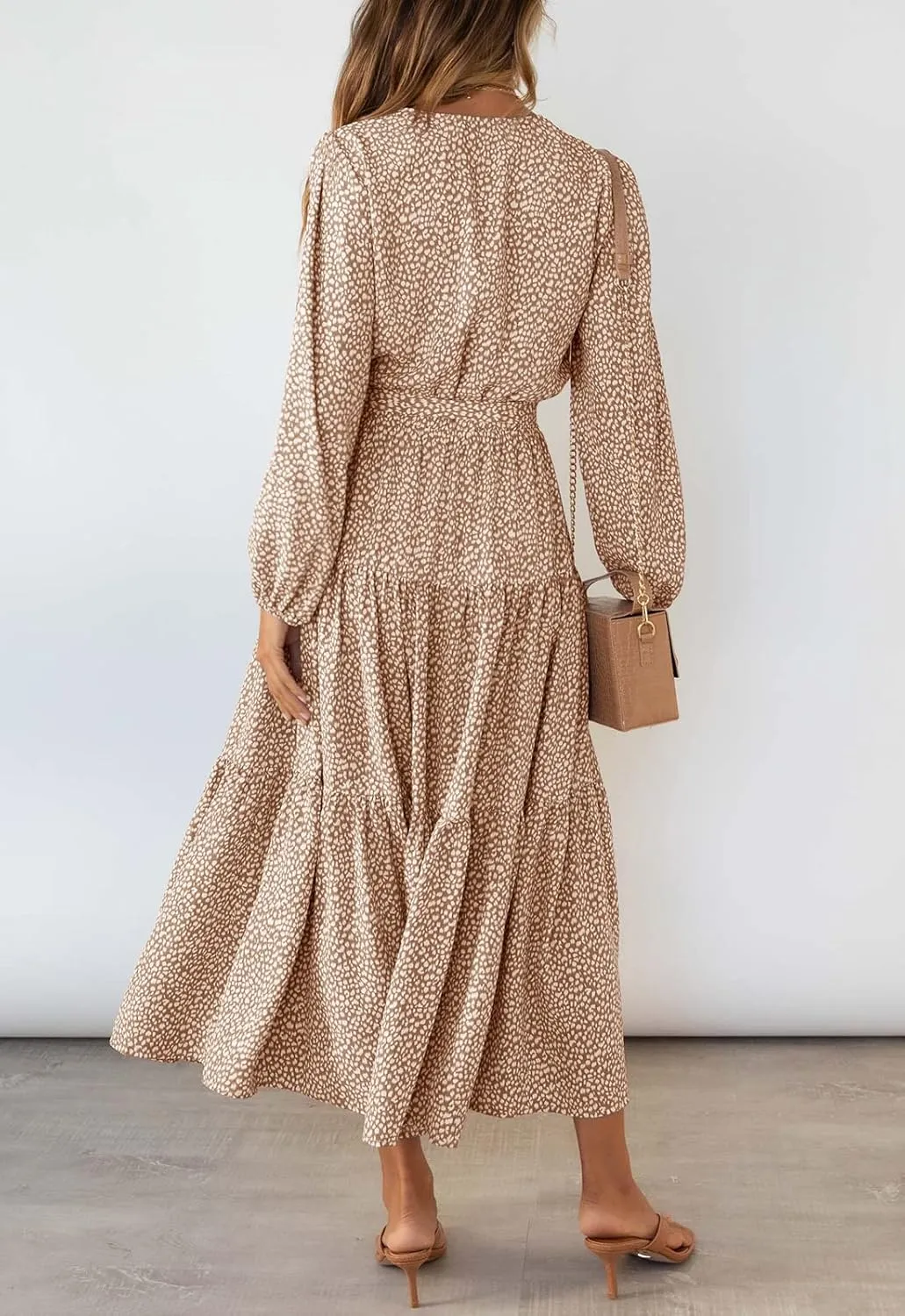 MITILLY Women's Boho Leopard Print Ruffle Long Sleeve V Neck Casual Flowy Party Maxi Dress