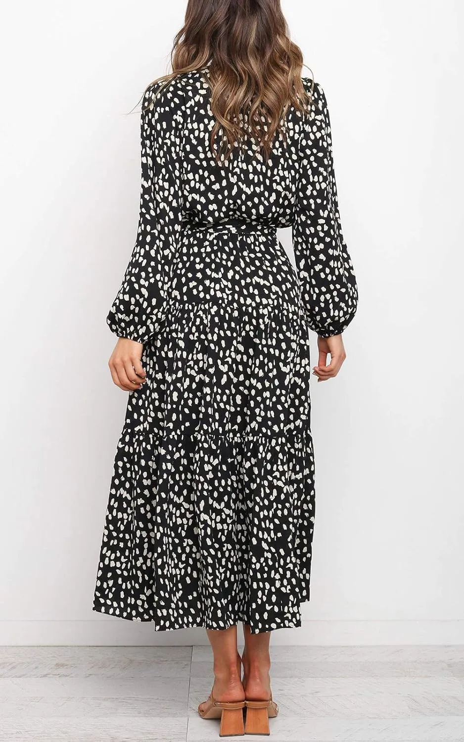 MITILLY Women's Boho Leopard Print Ruffle Long Sleeve V Neck Casual Flowy Party Maxi Dress