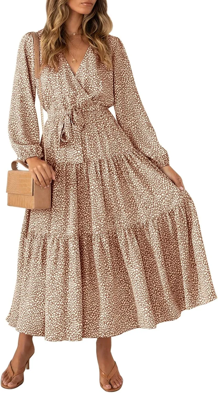 MITILLY Women's Boho Leopard Print Ruffle Long Sleeve V Neck Casual Flowy Party Maxi Dress