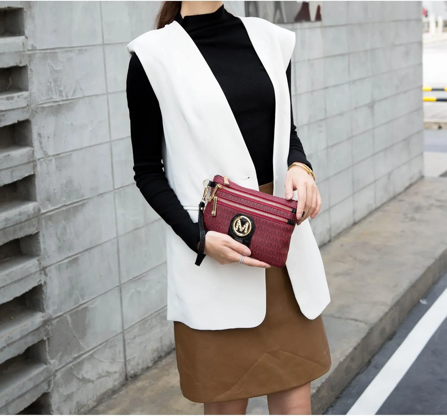 MKF Crossbody Bag for Women, Wristlet Strap  PU Leather Shoulder Handbag  Small Pocketbook Messenger Purse Black