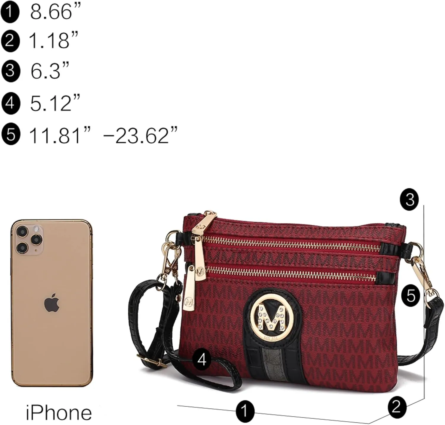 MKF Crossbody Bag for Women, Wristlet Strap  PU Leather Shoulder Handbag  Small Pocketbook Messenger Purse Black