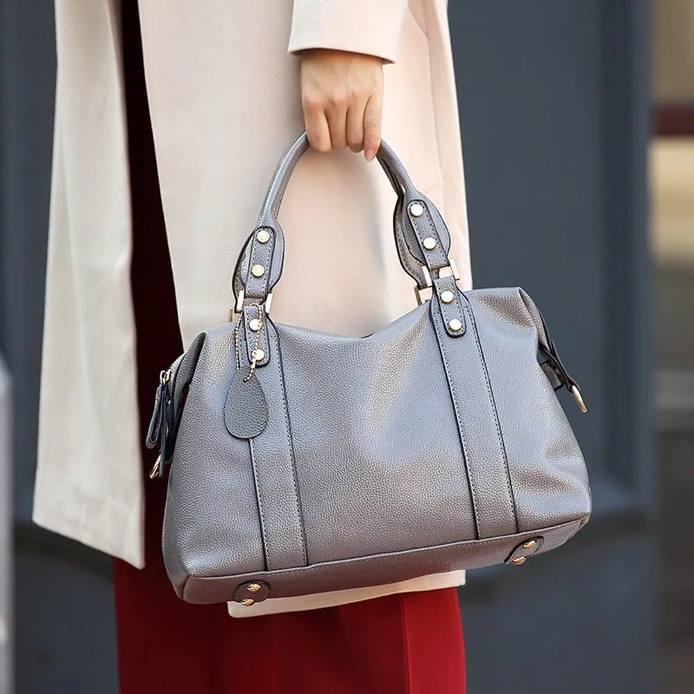 Mn&Sue Spacious Women Fashion Barrel Bag Pebbled PU Leather Handbag Roomy Shoulder Satchel