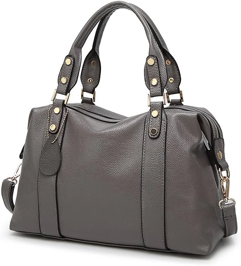Mn&Sue Spacious Women Fashion Barrel Bag Pebbled PU Leather Handbag Roomy Shoulder Satchel