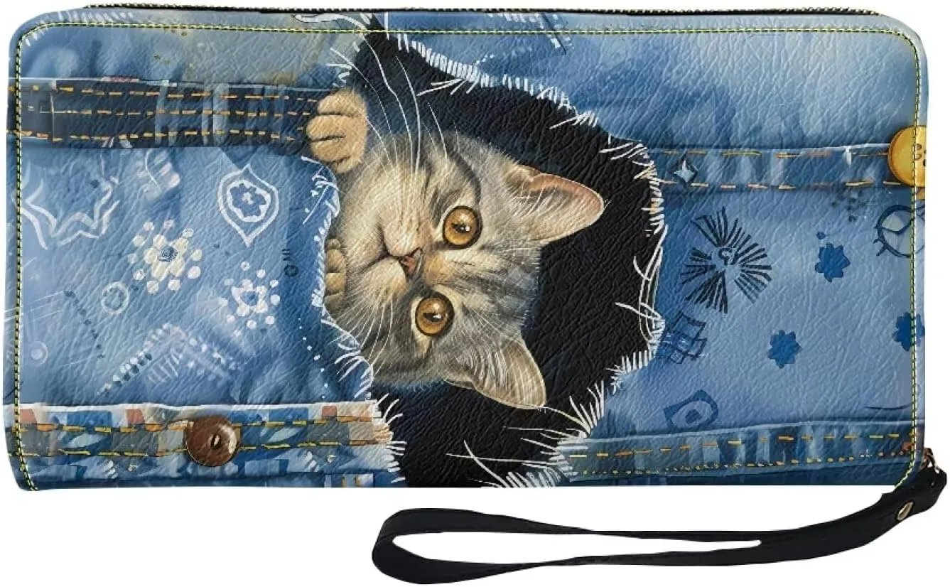 Mumeson Denim Cat Long Wallet Fold Wallet Long Compact Ladies Purse Clutch Leather Wallet with Zipper Wristlet Portable Card Holder Purse for Women Girls