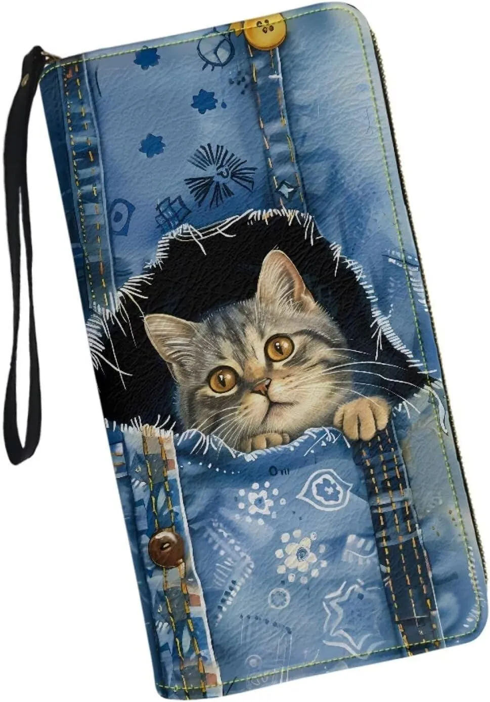 Mumeson Denim Cat Long Wallet Fold Wallet Long Compact Ladies Purse Clutch Leather Wallet with Zipper Wristlet Portable Card Holder Purse for Women Girls