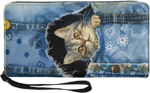 Mumeson Denim Cat Long Wallet Fold Wallet Long Compact Ladies Purse Clutch Leather Wallet with Zipper Wristlet Portable Card Holder Purse for Women Girls