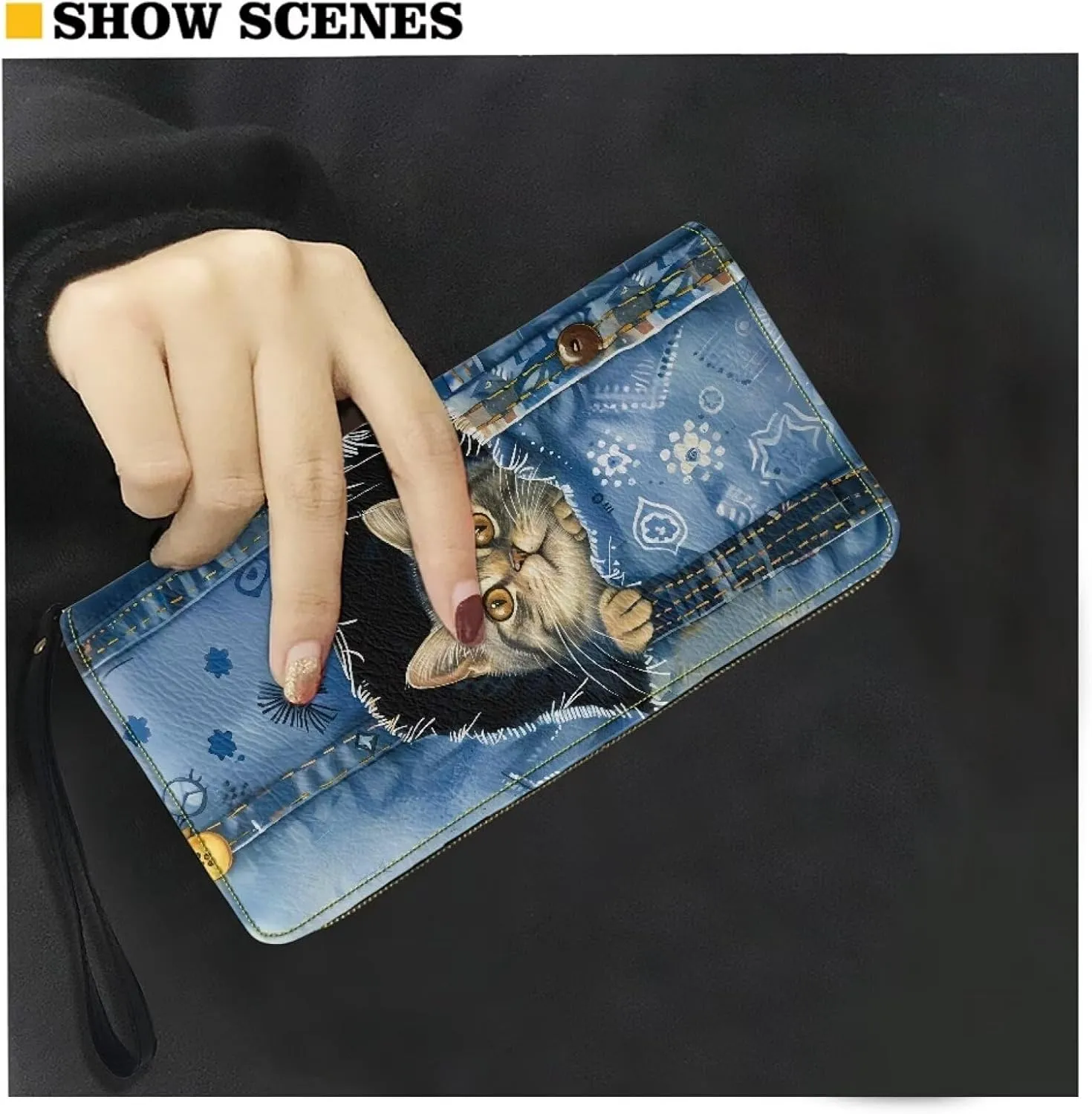 Mumeson Denim Cat Long Wallet Fold Wallet Long Compact Ladies Purse Clutch Leather Wallet with Zipper Wristlet Portable Card Holder Purse for Women Girls