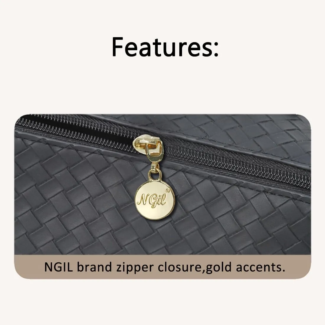 NGIL Travel Toiletry Bag, Makeup Bag, Cosmetic Bag, Portable Travel Makeup Bag, Large Capacity Cosmetic Organizer for Women, FREE COMPACT MIRROR INCLUDED (Basket Weave Style-Black, Medium)
