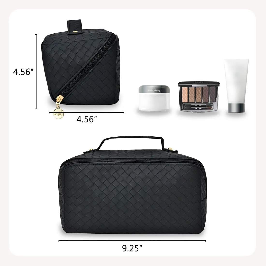 NGIL Travel Toiletry Bag, Makeup Bag, Cosmetic Bag, Portable Travel Makeup Bag, Large Capacity Cosmetic Organizer for Women, FREE COMPACT MIRROR INCLUDED (Basket Weave Style-Black, Medium)