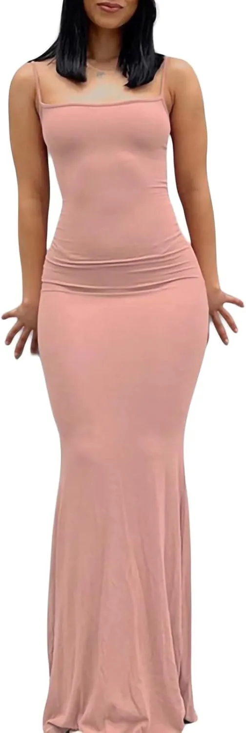 NUFIWI Women Sexy Hollow Out Maxi Dress Spaghetti Strap Low Cut Cami Dress Bodycon Summer Beach Party Formal Sundress