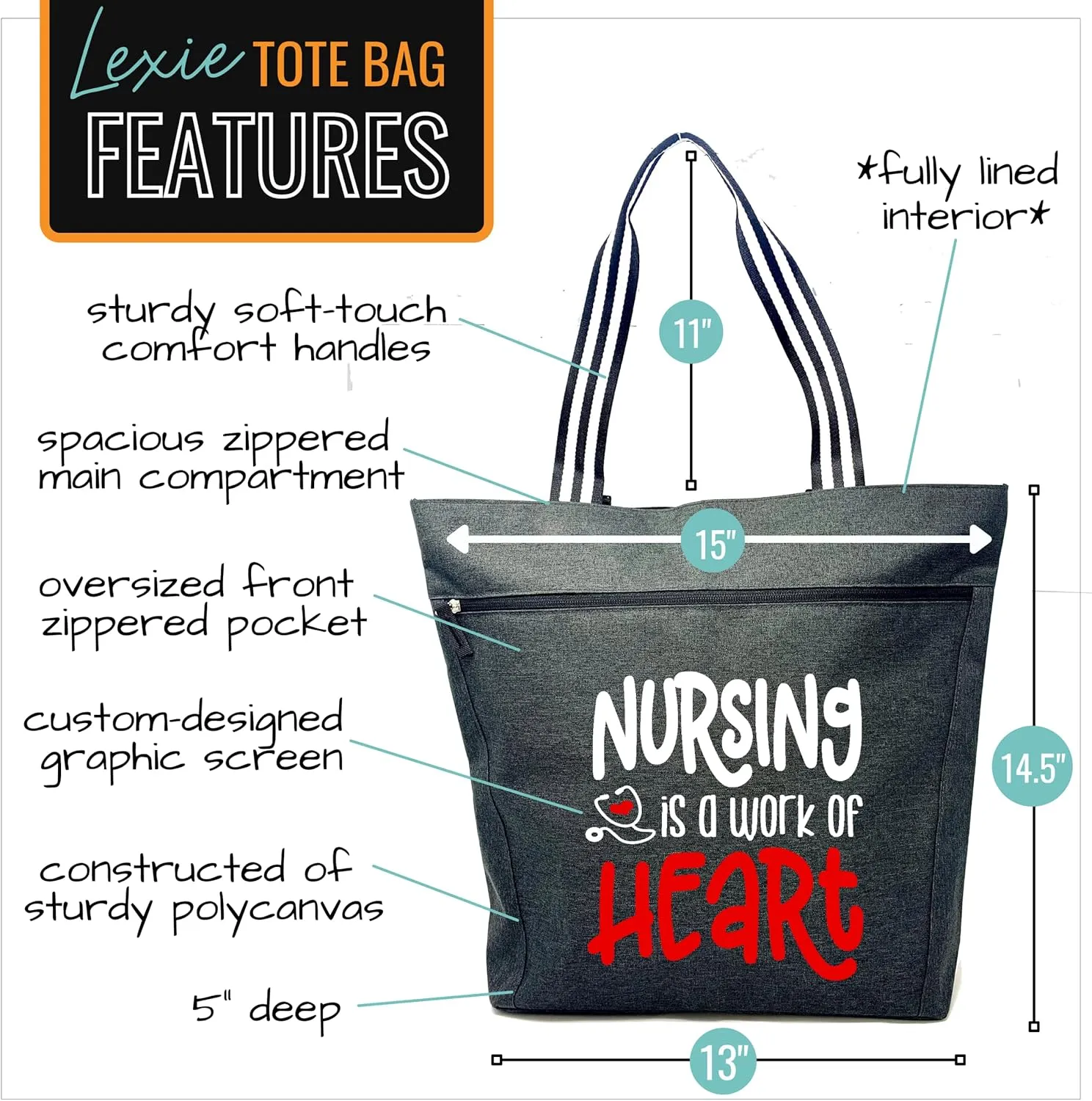 Nurse Tote Bag for Work - Christmas Gifts for Women Large Nursing Bag with Zipper, Pockets & Reliable Straps - Spacious Bag