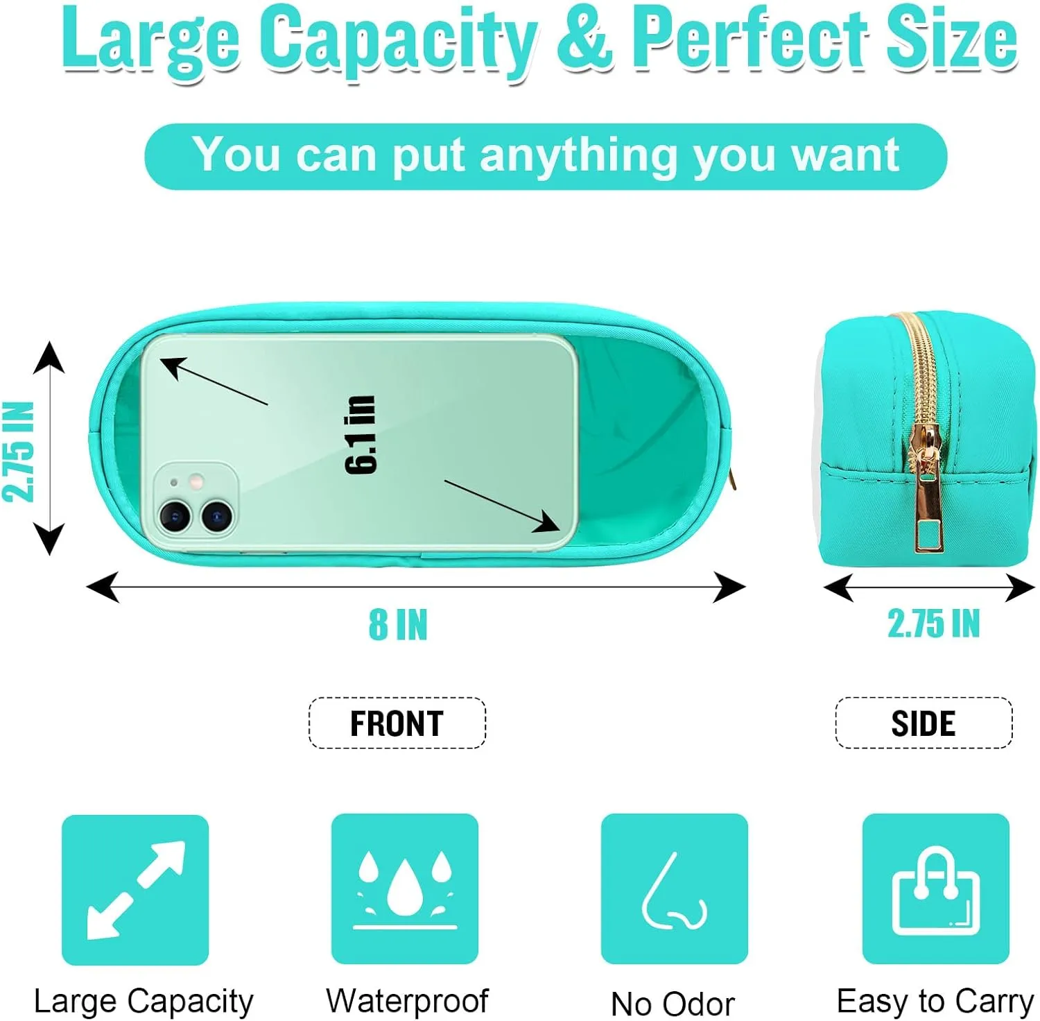 Nylon Small Clear Makeup Bag Slim Pouch, Cute Preppy Cosmetic Zipper Case for Purse, Travel PVC Toiletry Clutch Coin Bag for Women Girl (Mint)