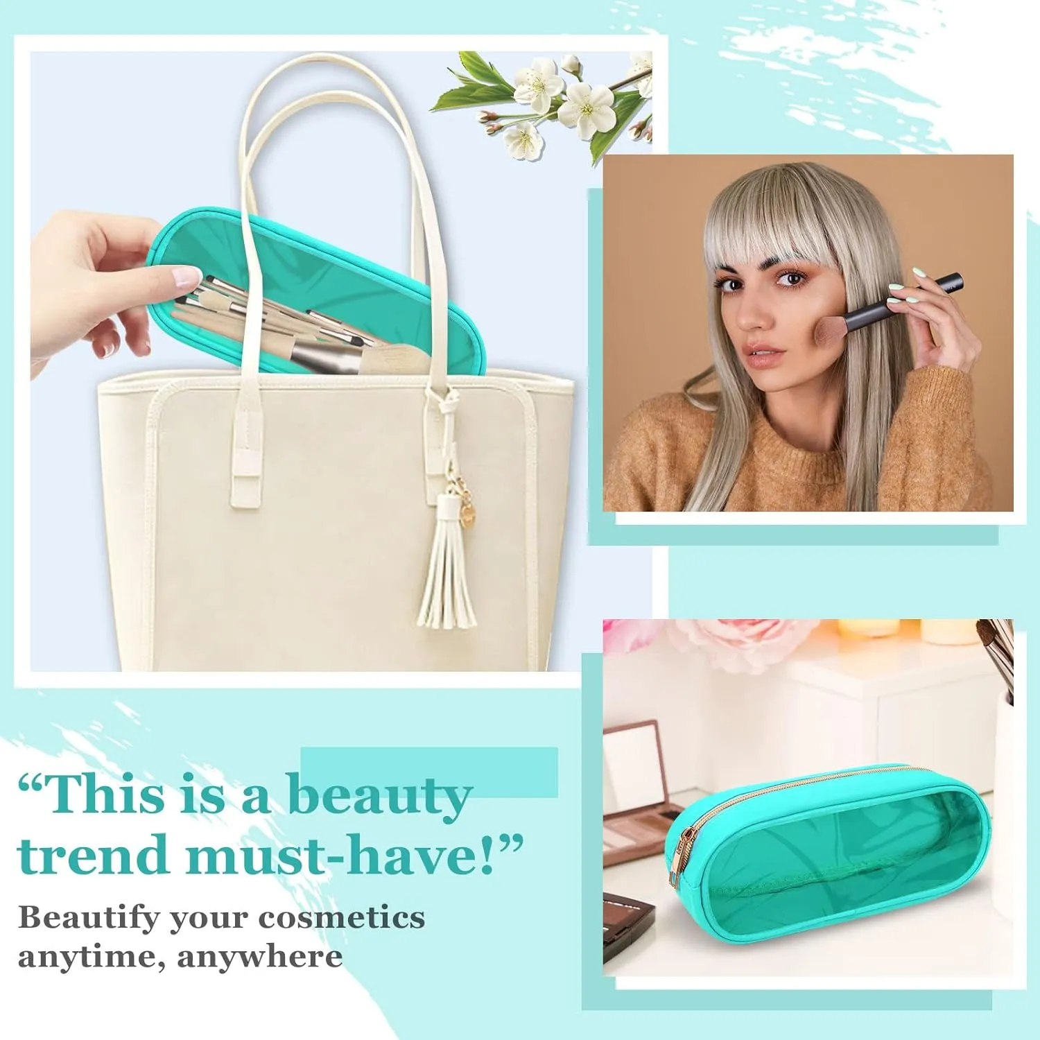 Nylon Small Clear Makeup Bag Slim Pouch, Cute Preppy Cosmetic Zipper Case for Purse, Travel PVC Toiletry Clutch Coin Bag for Women Girl (Mint)