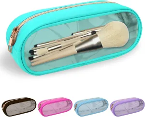 Nylon Small Clear Makeup Bag Slim Pouch, Cute Preppy Cosmetic Zipper Case for Purse, Travel PVC Toiletry Clutch Coin Bag for Women Girl (Mint)