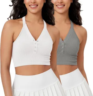 ODODOS 2-Pack Seamless Henley Crop for Women Open Back Ribbed Tank Button-up Cropped Top