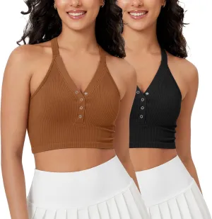ODODOS 2-Pack Seamless Henley Crop for Women Open Back Ribbed Tank Button-up Cropped Top