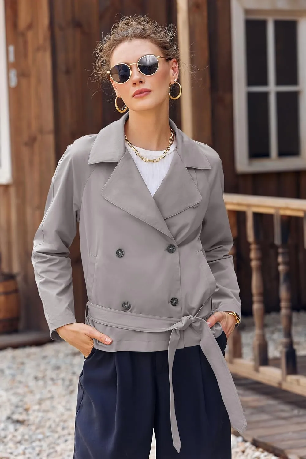 Onedreamer Women's Double Breasted Trench Coat Classic Lapel Long Sleeve Blazer Jackets Casual Outerwear With Belt